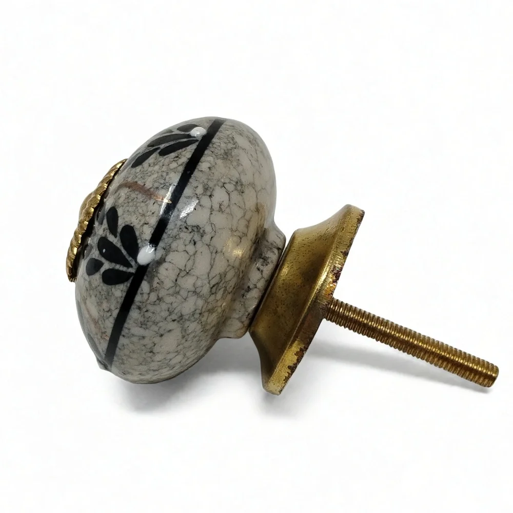 Handmade Ceramic Cabinet Knob Set 6 Floral Crackle Glaze Gold Accent Cottagecore